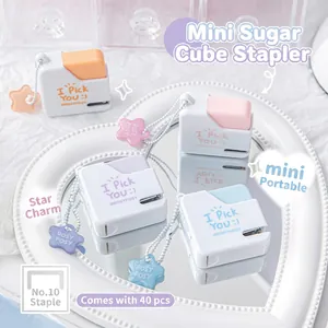 Mini Portable Stapler Sugar Cube Design Macaron Color Plastic Metal Office School Supply With Star Charm Pendant