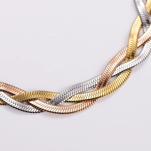Three-tone braided stainless steel necklace with gold, silver, and rose gold flat snake chains