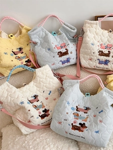 Quilted Tote Bag Cartoon Dog Cat Embroidery Shoulder Crossbody Bag Large Capacity Padded Cotton Kawaii Handbag