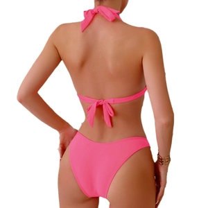 Bright pink halter bikini set with high waist and tie-back closure on white background