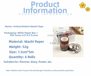 Close-up of 6-pack animal print washi tapes showing detailed 1.5cm by 5m dimensions