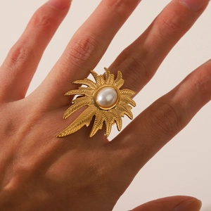 Adjustable Open Ring Stainless Steel Artificial Pearl Leaf Textured Exaggerated Vintage Sunburst Jewelry For Women