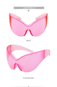 Close-up of light pink oversized wrap shield sunglasses in front and side views