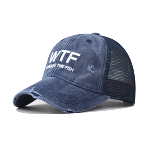 Detail of navy blue trucker hat with WTF WHERE'S THE FISH print and distressed finish