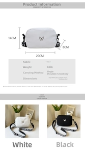 Detailed spec chart showing 20x14x8cm size and material for the nylon butterfly bag