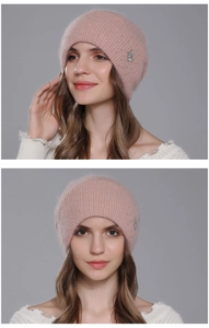 Detail of pink angora rabbit hair beanie with sparkling rhinestone snowflake ornament