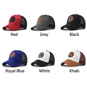 Six colors of embroidered cotton baseball caps with round patches and breathable mesh backs