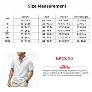Detailed size chart for men's linen short sleeve polo shirt with metric and imperial units