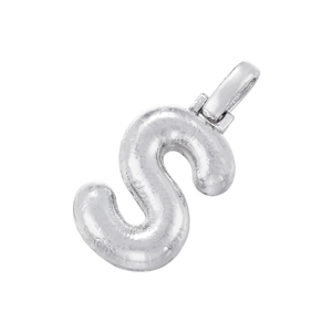 Macro shot of silver metal balloon-style letter S pendant with a polished finish