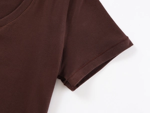 Close-up of ribbed cuffs and U-neckline detail on a soft dark brown knit T-shirt