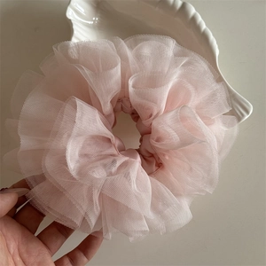 Pink lace ruffle scrunchie for women ballerina style handmade oversized tulle hair tie