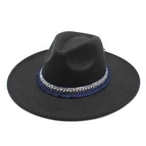 Classic black wool felt fedora with 9.5cm wide brim and blue tassel decorative band
