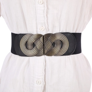 Elastic black waist belt for women with large vintage gold textured metal buckle