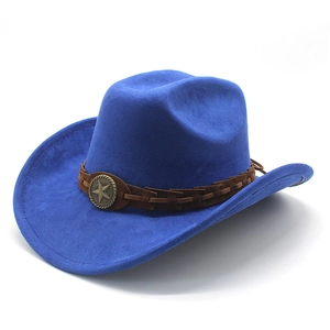 Detail of blue suede cowboy hat featuring a braided band and antique metal star emblem