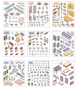 Macro view showing 9 themed miniature building stickers including garden and tea shops