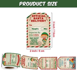 Detailed dimensions of 3x2 inch Christmas gift labels showing Santa delivery designs
