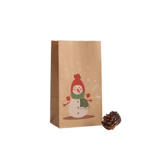 Brown Christmas kraft paper gift bag featuring a cute snowman and decorative pine cones