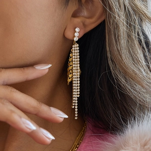 Vintage 18K gold plated stainless steel tassel earrings with white zircon fringe crystals