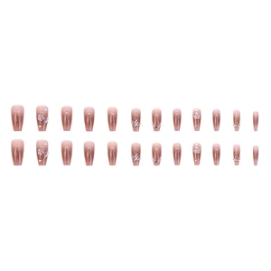 Pink ombre ballet long press-on nails with 3D white roses, pearls and rhinestones decor