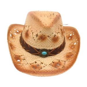 Vintage Western Cowboy Straw Hat Hollow Out Wide Brim Beach Sun Protection With Turquoise Faux Leather Band