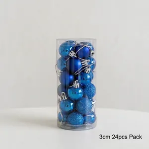 Detail of 24 blue 3cm Christmas balls in matte, glossy, and glitter finishes