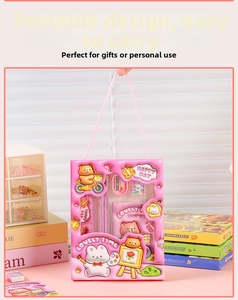 Pink cartoon stationery set detail showing handle design and cute school supplies