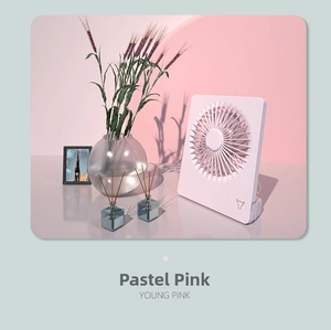 Pink portable USB desk fan in a minimalist 3D lifestyle scene with floral decor