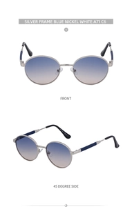 Front and 45-degree side view of silver frame round sunglasses with blue gradient lenses