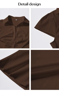 Détails d'une chemise marron foncé à manches courtes avec col et finitions plissées