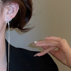 Gros plan de boucles d'oreilles pampilles en argent avec papillon en zircon sur un modèle