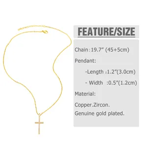 Detailed size specifications for the gold-plated cross pendant necklace with zircon
