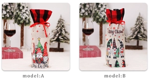Close-up of burlap Christmas wine bottle covers with gnome prints and plaid trim