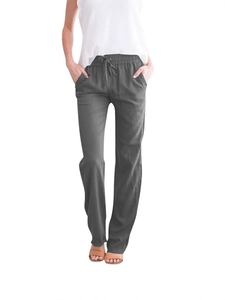 Women's dark grey cotton linen wide leg pants with drawstring waist and side pockets
