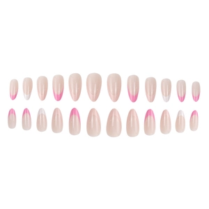 French style almond press-on nails set with pink and white gradient edges and nude base