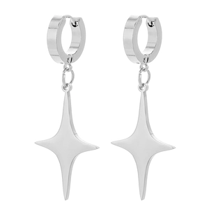 Detailed macro shot of silver four-pointed star pendant earrings in high-polished metal