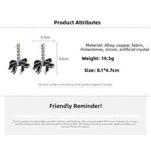 Detailed size specifications for bow dangle earrings with rhinestones and crystals