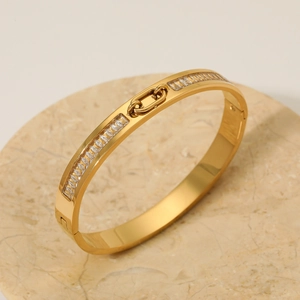 Stainless Steel Bangle Bracelet Baguette Zircon Interlocking Chain Link Vacuum Plating Light Luxury Jewelry For Women