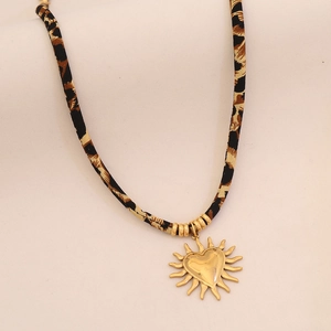 Golden sun-shaped heart pendant necklace with leopard print fabric cord for women
