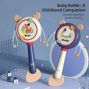 Detailed view of baby rattles in deer and sheep shapes with soft silicone handles