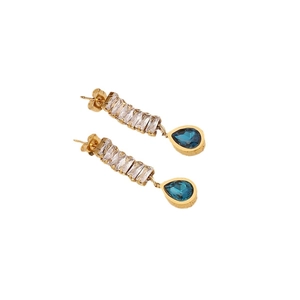 Golden necklace and earring set with rectangular clear gems and blue teardrop stones