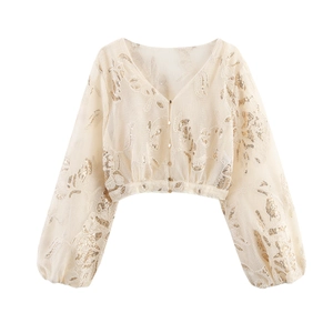 Detail of V-neck champagne blouse with golden sequins and floral embroidery on mesh fabric
