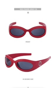 Detailed side view of red cycling sunglasses with grey lenses and metallic temple logo