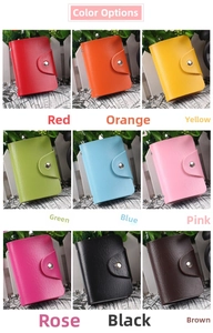 Detailed grid view of mini accordion card wallets in nine colors with lychee texture