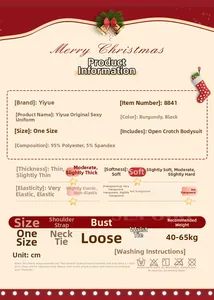 Size chart for Christmas themed open crotch bodysuit set with material specifications