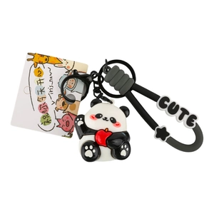 Cute cartoon panda keychain with UV plating, PVC soft rubber doll holding a red apple