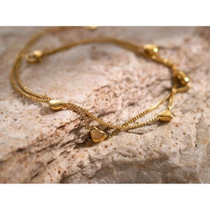16k gold-plated stainless steel double-layered anklet with polished heart pendants