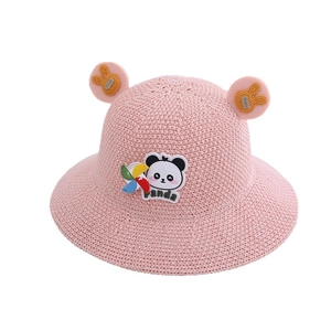 Pink knit kids bucket hat with cute panda patch and 3D ears for sun protection