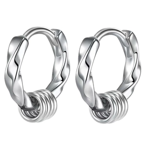 Unisex twisted silver stainless steel hoop earrings with unique wire wrap design
