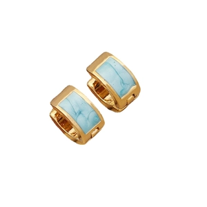 Golden U-shape stainless steel earrings with blue marble stone inlay for women