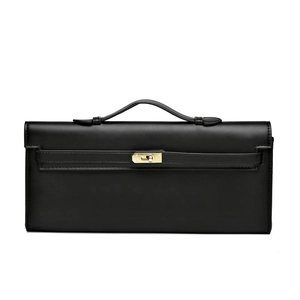 Elegant black leather handbag featuring a gold metal lock and top handle on white background